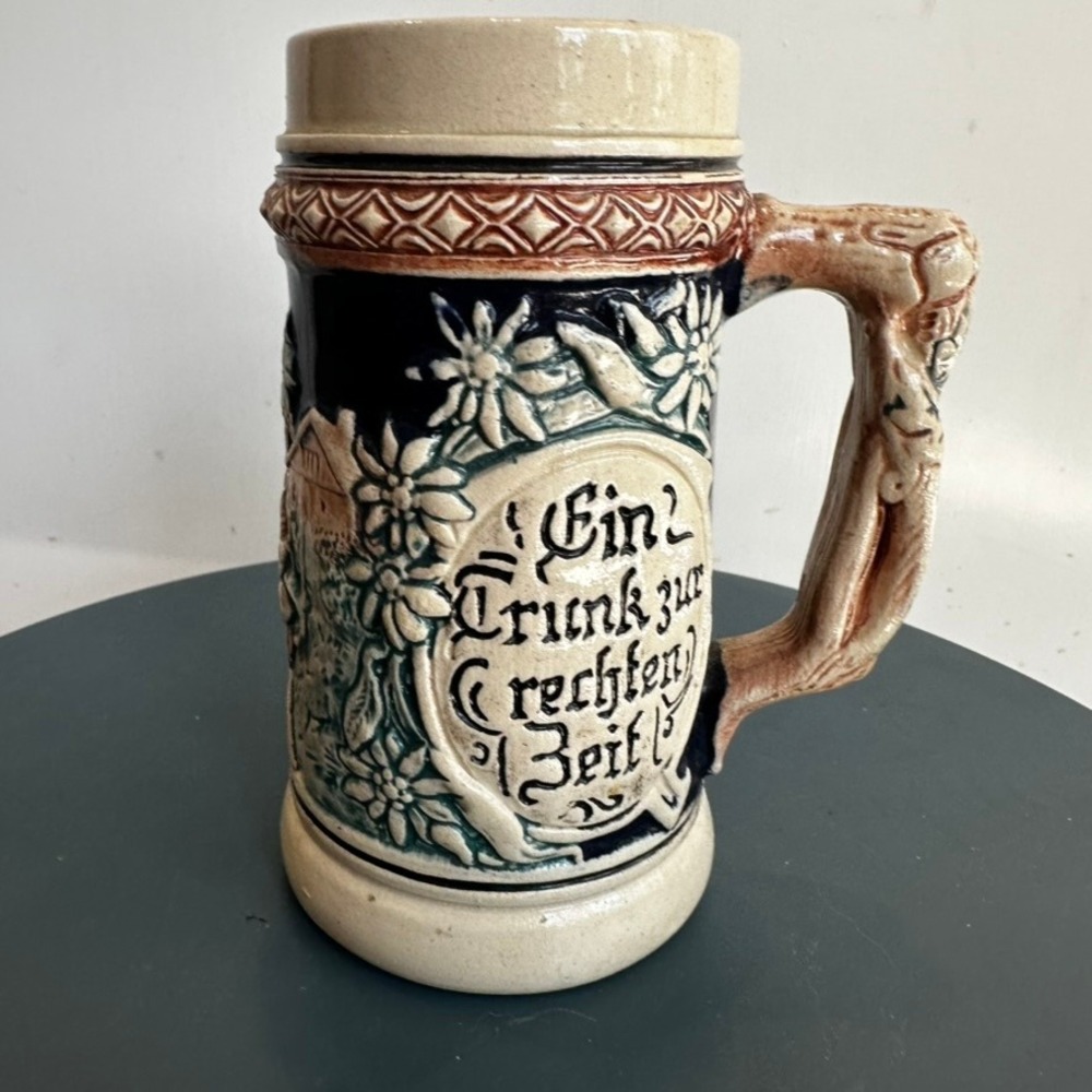 German Beer Stein Mug Embossed Man Flowers "Ein Trunk zur Rechten Zeit"
